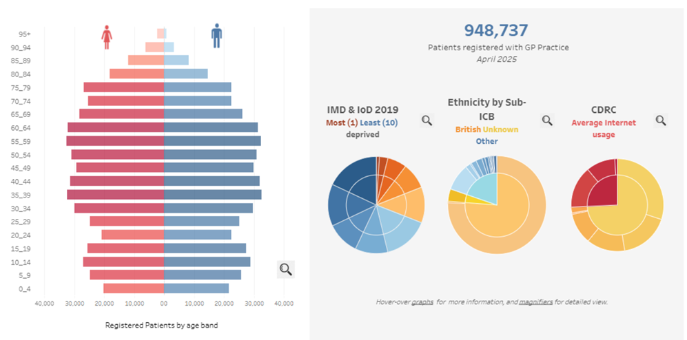 Example of a population pyramid and accompanying demographic breakdowns