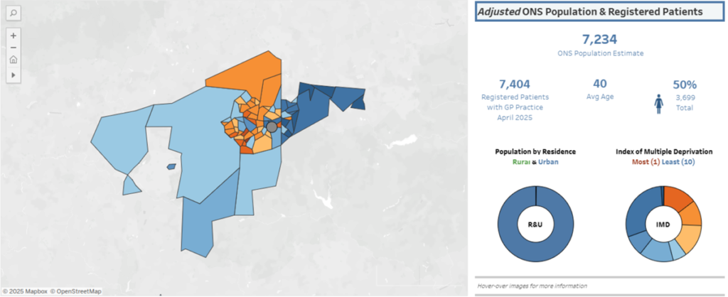 Example of GP practice patient registration data by LSOA with accompanying colour coding by IMD