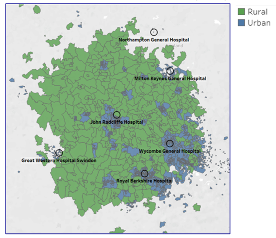 Example of a grographical visualisation of ICB-level patient registrations reflecting rurality